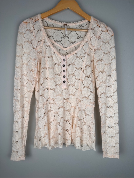 Free People Tops - Free People Coquette Fairycore Pink Lace Henley Peplum